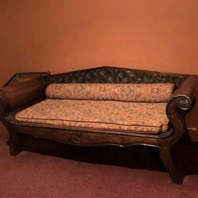 Vintage Indonesian Day Bed with custom cushions from David Smith. L=86 in x H= 32in x Seat Depth= 27-1/2in.