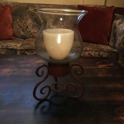 Hurricane candle holder on wrought iron stand. 18in. tall.