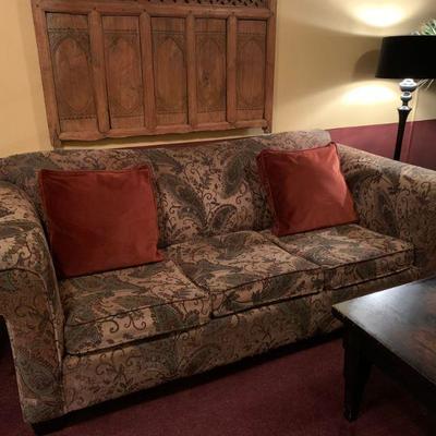 1 of 2 Velveteen Upholstered sofas in gold and green tones. There are two identical sofas for sale.