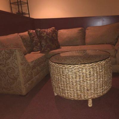 2nd Woven Drum Table and Sectional Seating in Gold/ Tan Damask Upholstery. Chair/Sofa Sectional (Chair is 33 in W  and  Sofa = 80 in W)
