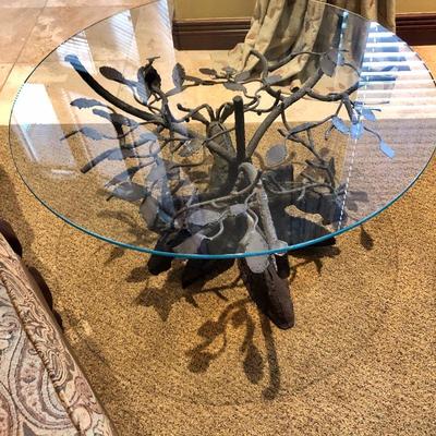 #78 ~ ($350) Glass top table with iron hand made base of trees and elks- 34 