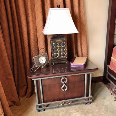 #5 ~($150) Night stand Mahogany with metal and iron accents. 1 drawer and lower cabinet. Wear seen on the top. Comes with glass top to...
