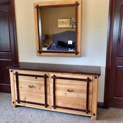 #550- ($150) Pine Dresser with matching mirror- 6 drawer- Shows wear to the wood, see photos of close up- 66