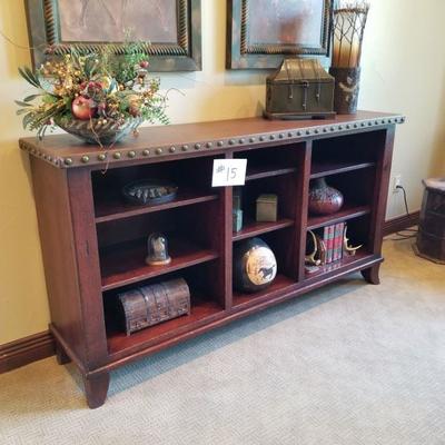 #15 ~($350) Mahogany Bookcase with leather top and studded accents- 68” w x 17”d x 36” h- Matches the desk!