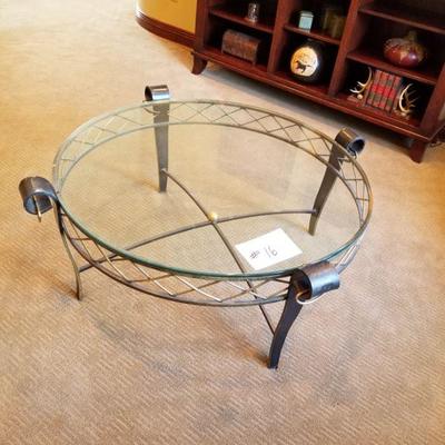 #16 ~ ($200) Glass top coffee table with iron frame and legs, brass accents.- 41