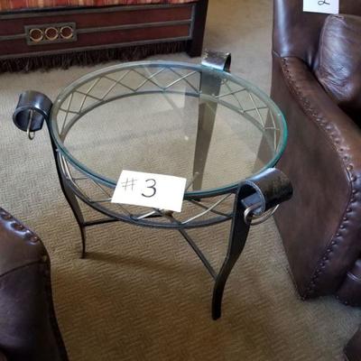#3 ~($150) Glass top end table with iron frame and legs, brass accents. 26