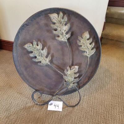 #44 ~ ($30) Very Large Metal Decorative Platter with Leaf motif – Has a kickstand or can be hung on a wall- 26” diameter