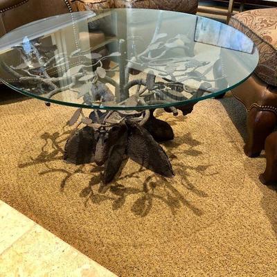 #78 ~ ($350)Another view of Glass top table with iron hand made base of trees and elks- 34 