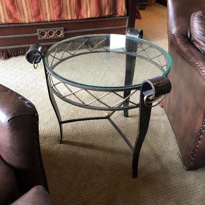 #3 ~($150) another view Glass top end table with iron frame and legs, brass accents. 26
