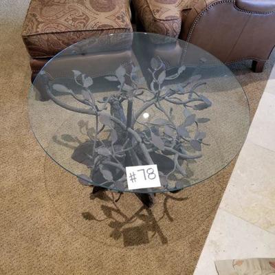 #78 ~ ($350) Another view of Glass top table with iron hand made base of trees and elks- 34 