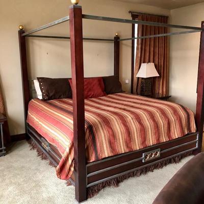 #7 ~($400) King size poster bed with metal and iron accents, mahogany. Posts are 80