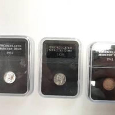 (3) Uncirculated Mercury Dimes - 1937,1939 and 1941