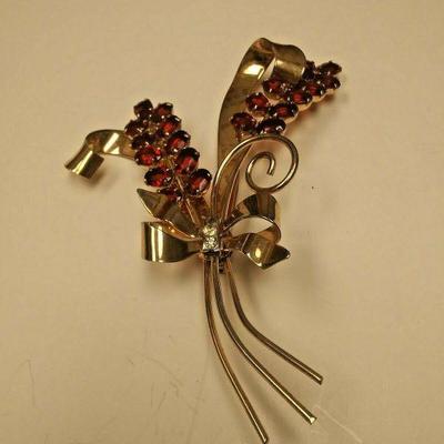 https://www.ebay.com/itm/114235273313	AB0375 USED VINTAGE 9.25 STERLING SILVER FLOWER BROOCH WITH RED & WHITE RHINESTONES GOLD PLATED...