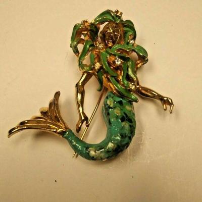 https://www.ebay.com/itm/114235278908	AB0363 USED VINTAGE COSTUME JEWELRY MERMAID BROOCH MISSING TWO STONES NOTE 	 Auction 
