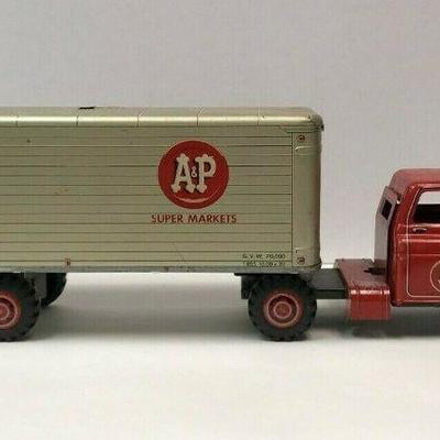 https://www.ebay.com/itm/124202679010	BU033: VINTAGE A&P SUPERMEATS SEMI TRUCK AND TRAILER 1:18 SCALE PRESSED STEEL	 Auction 
