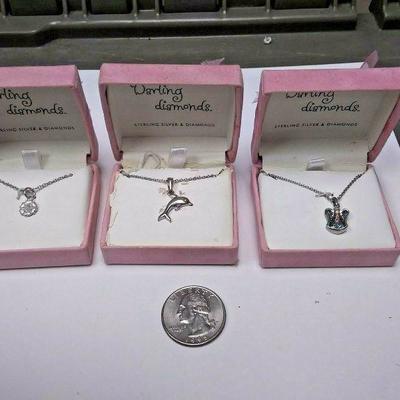 https://www.ebay.com/itm/124206107982	DV3002 LOT OF THREE DARLING DIAMONDS 16 INCH STERLING SILVER CHAINS & FOBS WITH 	 Auction 
