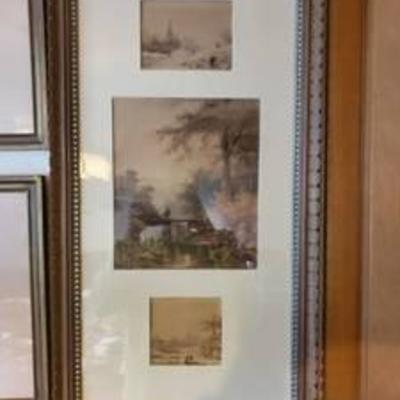 3 Watercolor Painting Signed with History of Paintings and Artist. Inside Intricate Wooden Frame
