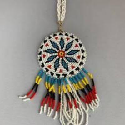 Native American White Seed Bead Medallion Necklace