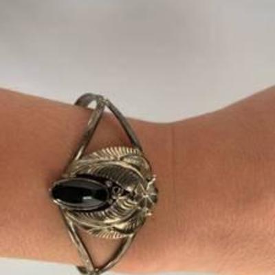 Onyx and Sterling Native American Bracelet Signed Manygoats