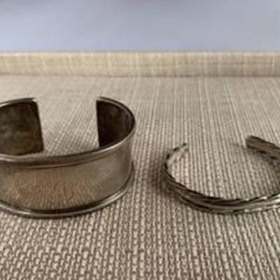 Pair of Cuff Bracelets Silver Plate Markings on Engraved Cuff