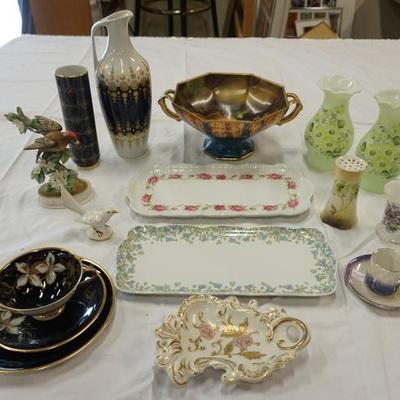 1093	LOT CHINA, COMPOTE, SERVING TRAYS, CUPS SAUCERS, RS GERMAN, HAT PIN HOLDER, ETC
