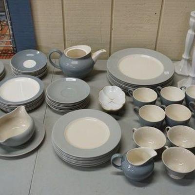 1128	LOT OF GRAY & WHITE DINNERWARE-DARKER IS WEDGWOOD, OTHER SET UNMARKED, & JAPANESE SET
