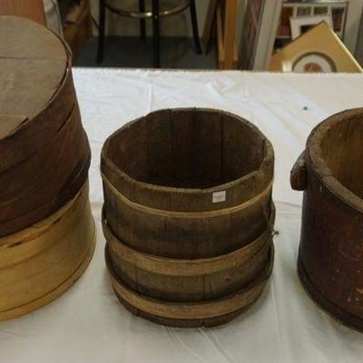 1101	GROUP OF 4 WOODEN PRIMITIVES-2 PANTRY BOXES, A FIRKIN AND A BUCKET

