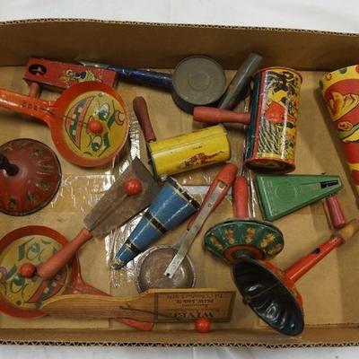 1106	LOT OF TIN LITHO TOYS, NOISE MAKERS, ETC

