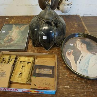 1028	LOT COKE TRAY, 2 BRASS STENCIL SETS, HANGING FIXTURE, AND FRAMED LITHO OF AN ANGEL
