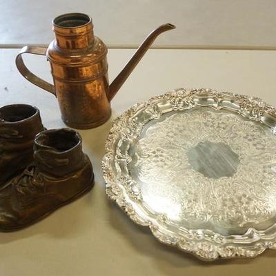 1069	LOT SILVER PLATE TRAY, BRONZED BABY SHOES, AND COPPER WATERER
