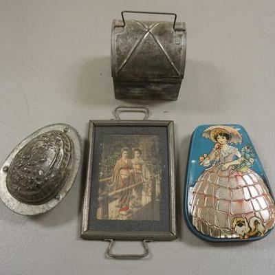 1022	4 PC LOT, EASTER EGG MOLD, ASIAN PHOTO TRAY, TIN DOME TOP BOX, VINTAGE CANDY TIN
