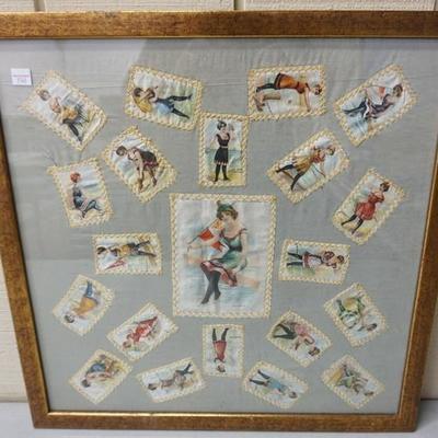 1064	FRAMED ANTIQUE CIGARETTE CLOTH PATCHES, VICTORIAN WOMAN IN SWIM SUITS AT VARIOUS SHORE POINTS
