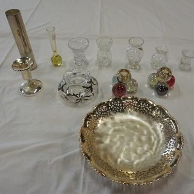 1095	LOT SILVER PLATE, SILVER OVERLAY VASE, CRYSTAL BUD VASES, CANDLE HOLDERS
