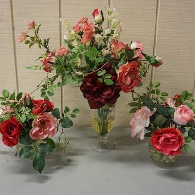 1097	LOT 3 GLASS VASES WITH ARTIFICIAL ROSES
