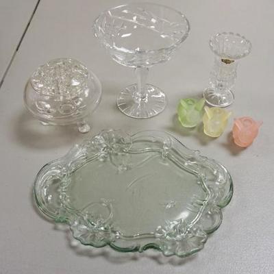 1021	LOT, GLASS COMPOTE, VASE, FLOWER FROG, RABBIT CANDLE HOLDERS
