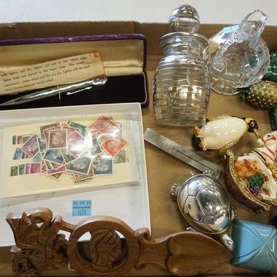 1078	TRAY LOT ASSORTED COVERED BOXES, TURTLE BELL, SILVER OVERLAY BOTTLE, PEN LIGHTER, STAMPS
