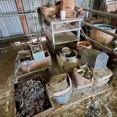 1612	

Chains, Nails, Tool Box, Wooden Table, Weed Eater, Etc.
Chains, Nails, Tool Box, Wooden Table, Weed Eater, Etc., Metal Rack Not...