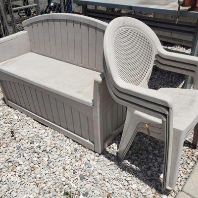 17112	

3 Plastic Chairs And Plastic Storage Bench
3 Plastic Chairs And Plastic Storage Bench Approximately 52