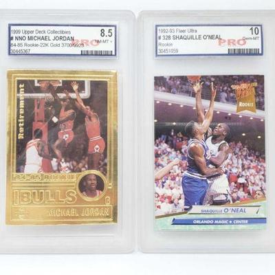8013	

1999 22k Gold Michael Jordan Rookie Card And 1992-93 Shaquille O'neal Rookie Card Pro Graded
1999 Upper Deck And 1992-93 Fleer Ultra
