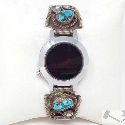 814	

Sterling Silver And Turquoise Digital Wrist Watch, 37g
Weighs Approx 37g