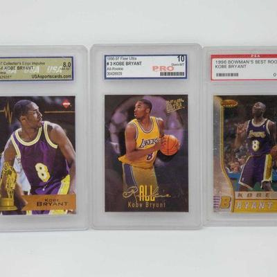8010	

3 1996-1997 Kobe Bryant Basketball Cards, Graded
2 Rookie, 1 Promo