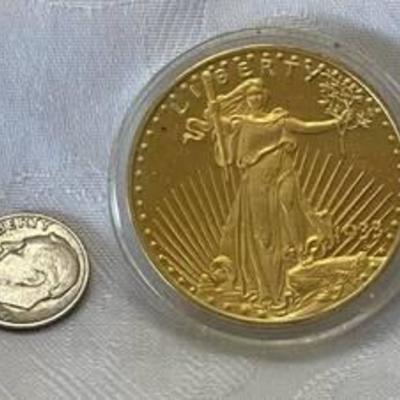 Gold Tone Coin Copy Walking Liberty $20 in case 1933