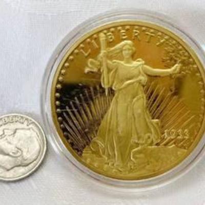 Gold Tone Coin Copy # 0G20100 Walking Liberty $20 in case 1933