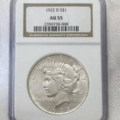 Liberty head peace dollar 1922 graded NGC AU55 sealed in case   