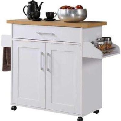 Hodedah Kitchen Island with Spice Rack, Towel Rack & Drawer, White with Beech Top MSRP$128.99