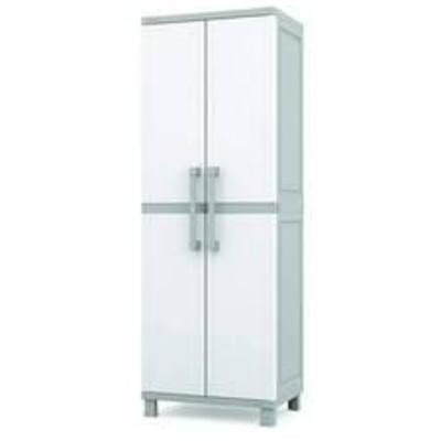 KETER Storage Cabinet with Doors and Shelves for Tool and Home Organization, White & Grey
