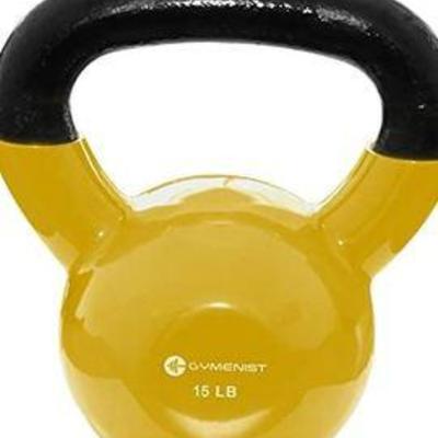 Kettlebell Fitness Iron Weights with Vinyl Coating Around The Bottom Half of The Metal Kettle Bell Exercise Body Equipment 15 LBS Weight