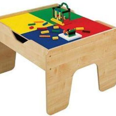 KidKraft 2-in-1 Reversible Top Activity Table with 200 Building Bricks & 30Piece Wooden Train Set - Natural, 28.5 x 24 x 3.25