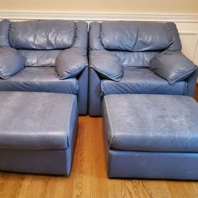 Blue Leather Chairs w/Ottomans - Set