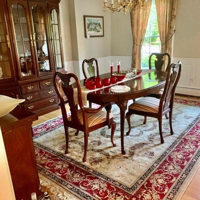 1800,$ , Thomasville Dining Set with Lighted Hutch and Two Leafs for table and 6 newly upholstered chairs